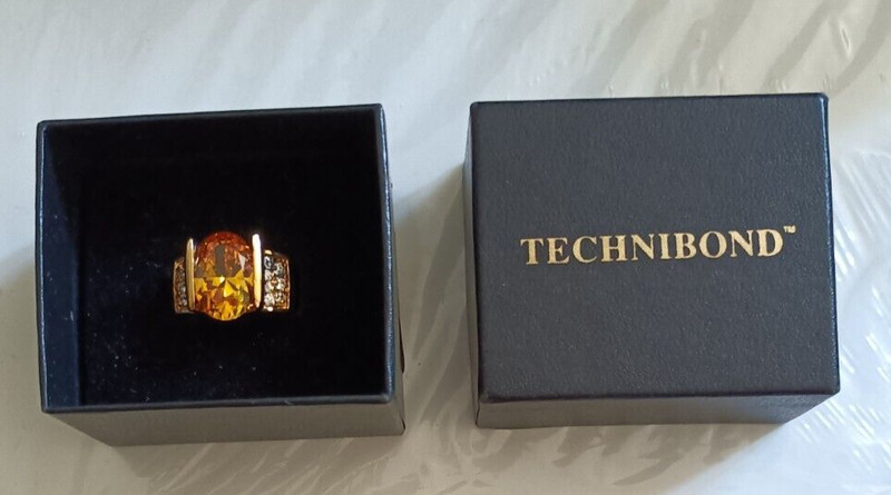 TECHNIBOND CLASSIC CITRINE & CZs 18K GOLD OVER STERLING SILVER RING w BOX SIZE 7