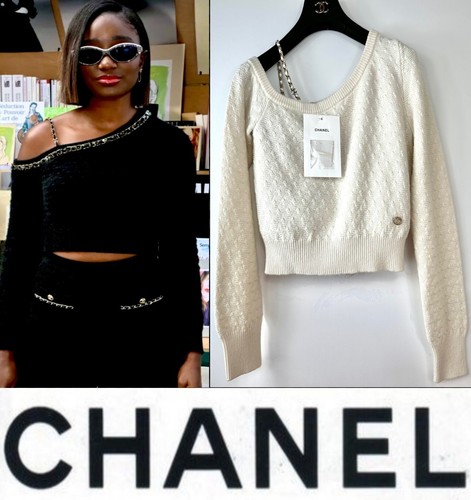 New Chanel 2023 White Cashmere Chain Sweater Top 34 36 2 4 Shirt Blouse Logo S M - Picture 7 of 17