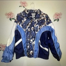 Vintage Active Club Track Windbreaker Jacket Floral Blue Silver Size Medium