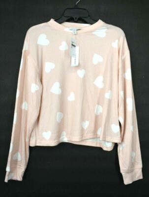 Topshop Womens Pink Crewneck Long Sleeves Supersoft Heart Print Sweatshirt  4-6