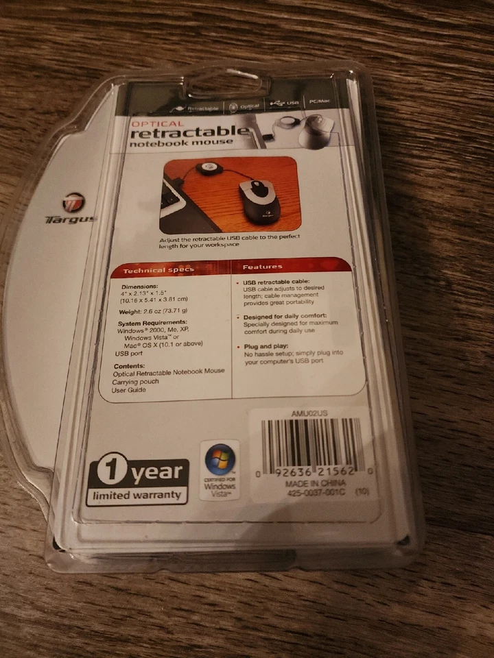 Targus Notebook Optical Mouse Retractable USB cable adjusts to perfect length  - Image 3 of 3