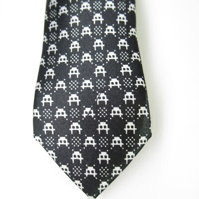 Black E Geek Tie Mens Skinny White Atari Space Invaders Video Game Loot Crate