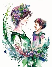 Colorful Watercolor Mother & Child #6 - 8x10 Baby Craft Cotton Fabric Block