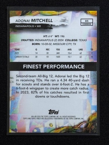 2024 Topps Finest - Common Sky Blue Refractor /325 #85 Adonai Mitchell (RC) - Bild 4 von 4