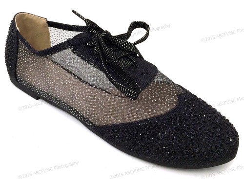 Women's Oxfords Rhinestones Lace Up Mesh Detail Lace Flats Casual Bootie Shoes - Picture 3 of 22