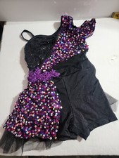 Weissman Girls black Sequin Dance Costume Biketard Sz SC Child One Sleeve