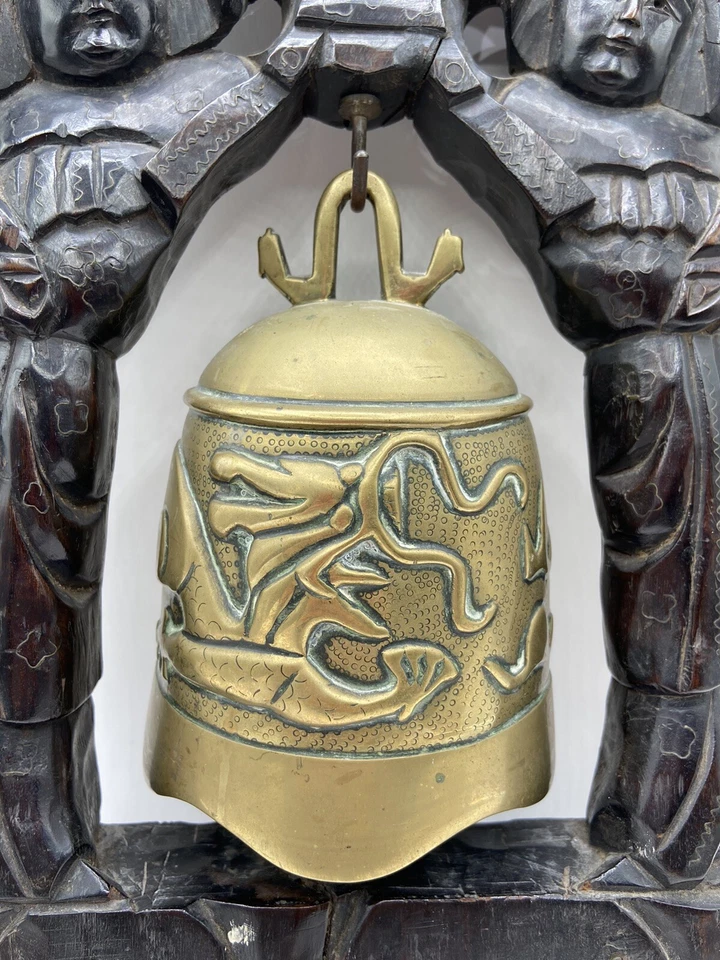 Beautiful Antique Chinese Buddhist Silver Inlay Carved ￼Dark Wood & Brass Gong - Image 2 of 4