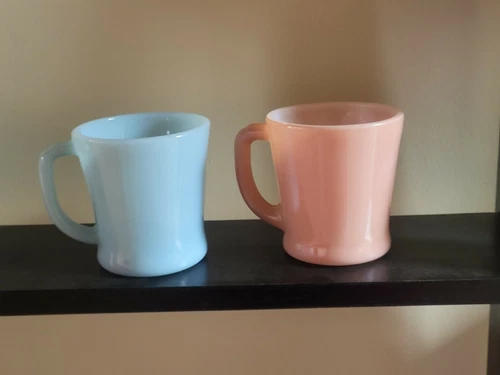 2 FIRE KING TURQUOISE BLUE & PINK D HANDLE MUGS ANCHOR HOCKING RARE