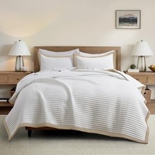 White Quilt Set Size - Farmhouse Soft Striped King White with Linen Edge 