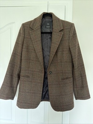 MNG Mango Women s Blazer Size S Brown Plaid Tweed Single Button Career Jacket