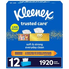 Kleenex Trusted Care 2-ply Facial Tissues, Flat Boxes 160 tissues/box, 12 box 