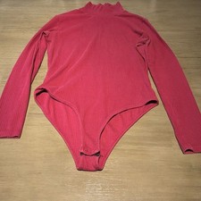 Ladies Red Large Long Sleeved Turtleneck Ribbed Body Suit with 3 Clasps