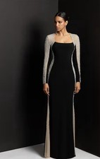 Xscape black long sleeve evening gown with beaded caviar sides