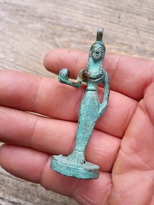 Vintage Bronze Patina Egyptian Woman Figurine Ancient Style Sculpture