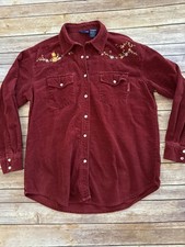 Vintage Disney Winnie The Pooh Corduroy Pearl Snap Button Shirt Red Embroidered