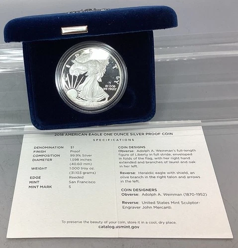 2018 S Proof American Silver Eagle - With Box & CoA