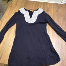 Tory Burch Embroidered Shift Dress V-Neck Long Sleeve Black White S