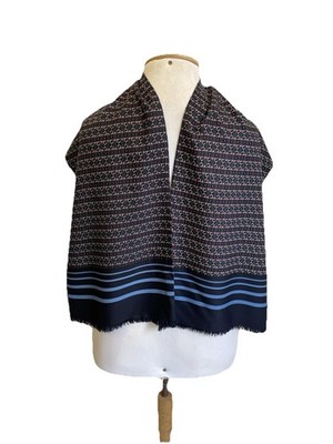 Y5# LANVIN Paris Vintage Geometric Link Scarf Navy Blue Red Striped Polyester