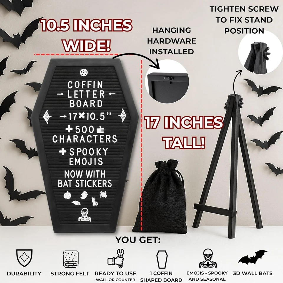 Coffin Letter Board Black + 3D Bat Stickers + 650 Characters, Spooky Emojis, Woo - Image 2 of 4