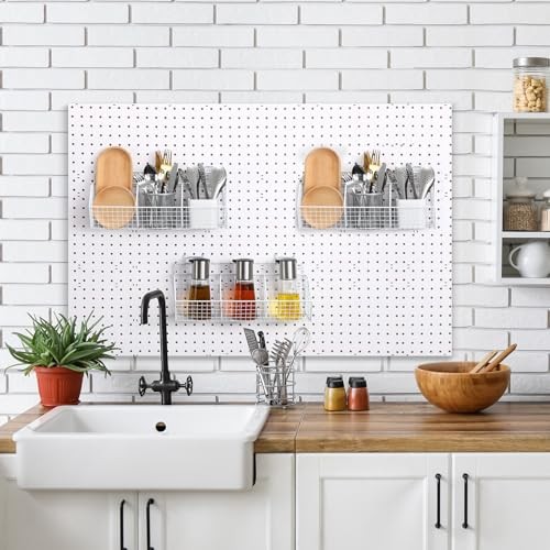 Set 2 Pezzi Cestini da Garage in Metallo con 4 Ganci Pegboard - Montaggio a Parete Bianco - Foto 8 di 8