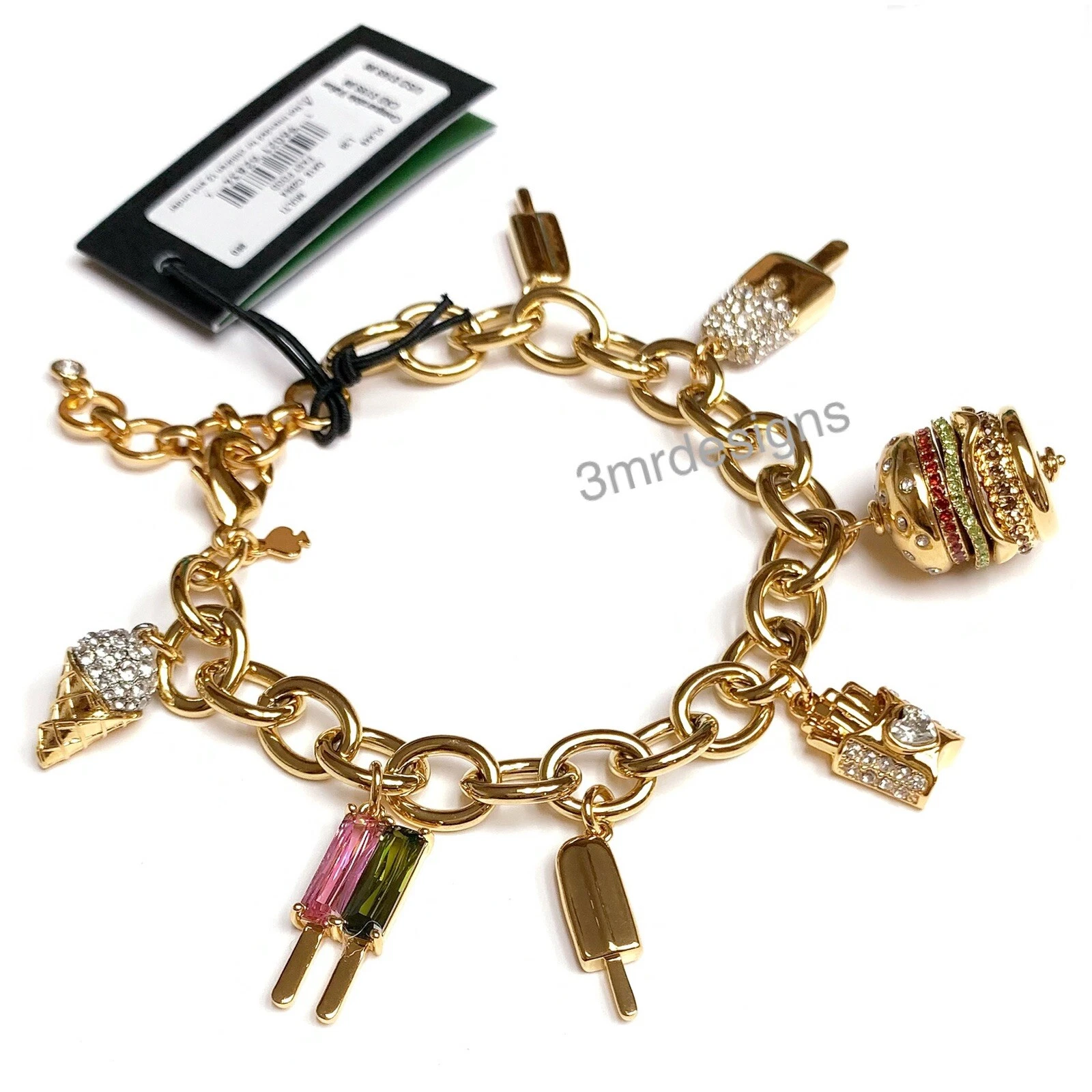 Bracciale nuovo con etichette Kate Spade FAST FOOD CHARM 12 K ottone placcato oro zirconi cristalli charm