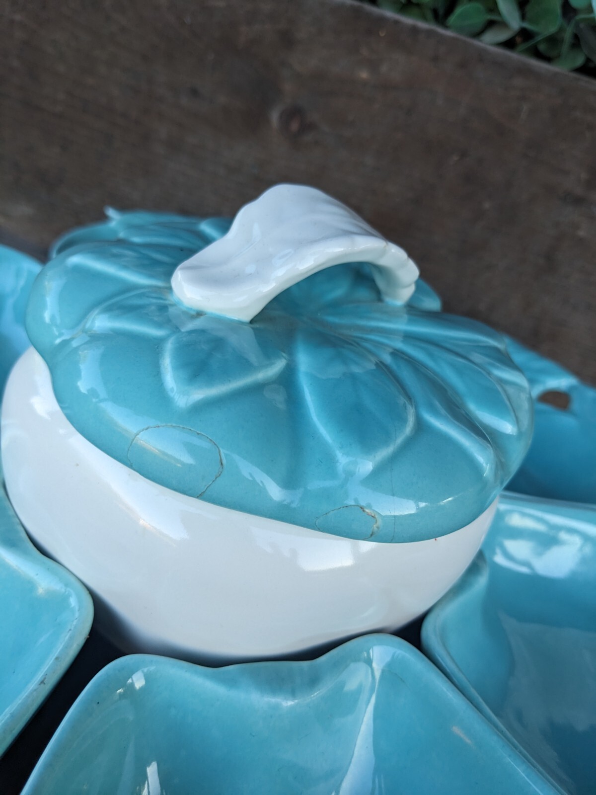 Vintage Hoenig of California Turquoise & White Ceramic Apples Lazy Susan Tray