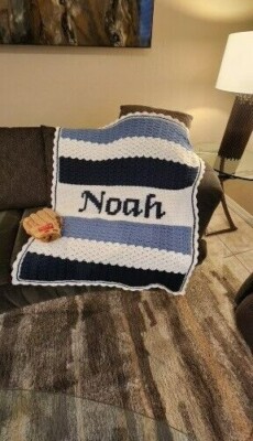 Personalized, Custom Made Crochet Baby Name Blanket in Shades of Blue