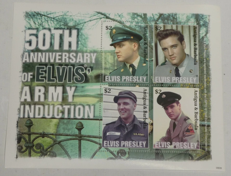 Сувенирный лист марок Антигуа и Барбуда с Элвисом Пресли $2 4 марки 2008 армия США 50 - Изображение 2 из 4