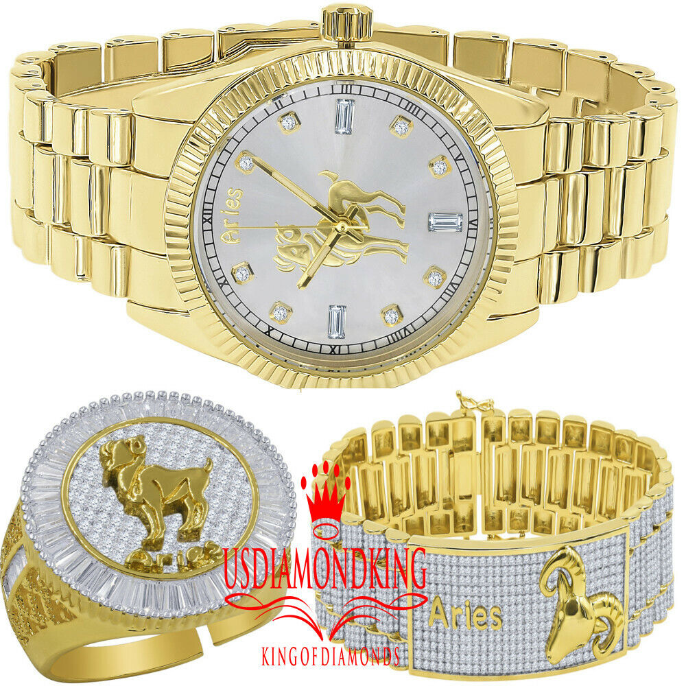 Mens Aries Ram Zodiac Sign 14K Gold Finish Watch+Bracelet+Ring Combo Set