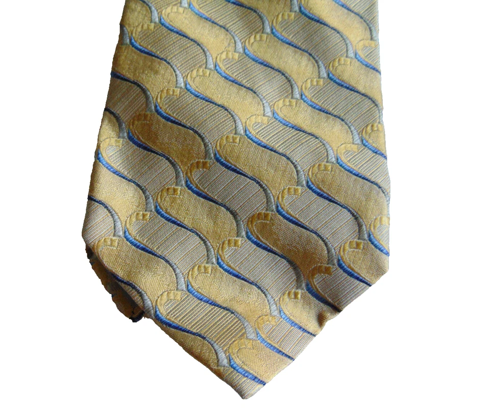 Corbata Bachrach Hombre 100% Seda Dorado Azul Claro Geométrica Ancha Hecha en Italia Foto 3 de 4