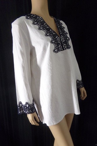 PRESTON YORK Blouse Shirt 12 white blue Lace trim Linen blend NWT