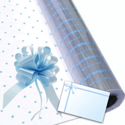 Blue Dot Cellophane Gift Wrap Baby Baskets Hampers, Pull Bow and Message Card