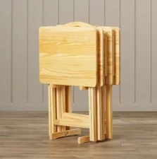 Natural 5-pc Wood TV Snack Tray Set Storage Stand Folding Portable Tables Food