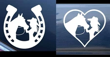 Girl with Horse & Cowgirl Horseshoe Two PK 5" White Vinyl Decal Car Truck Window