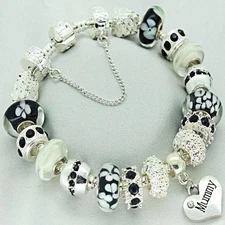 PERSONALISED Black Silver Charm Bracelet Wedding Birthday MOTHERS DAY Gift Box