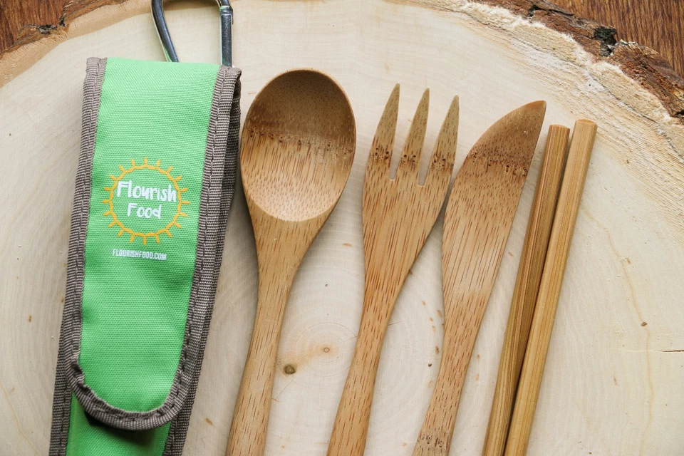 Многоразовая портативная дорожная бамбуковая посуда вилка нож ложка палочки для еды с чехлом - Изображение 2 из 2