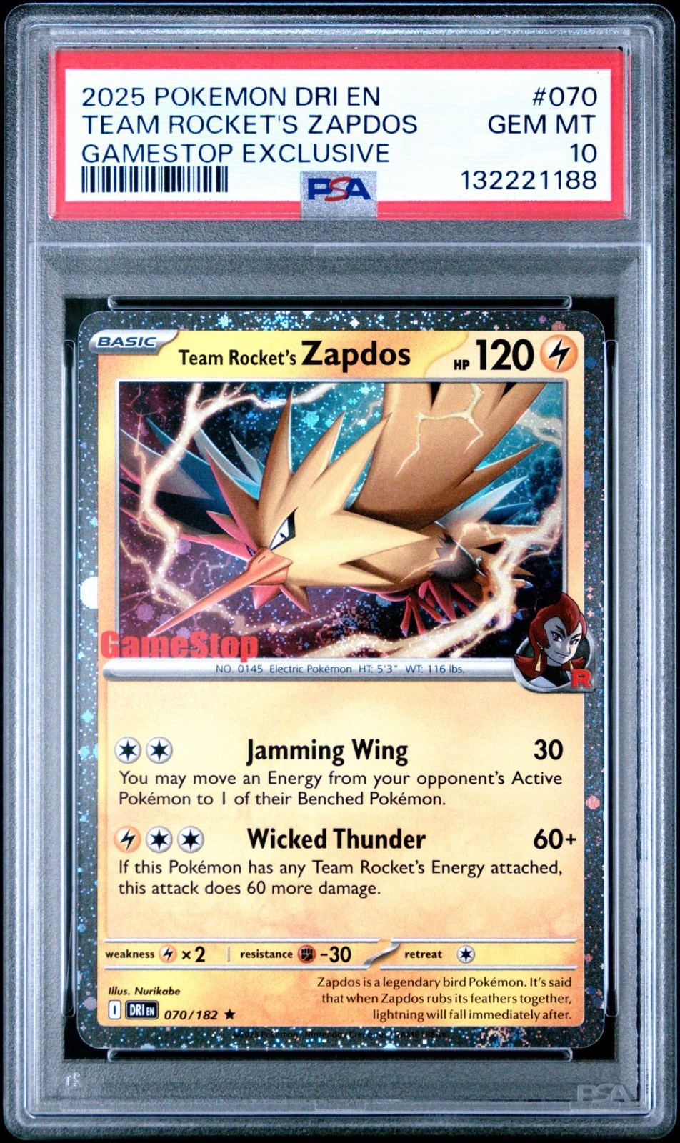 2025 POKEMON DRI EN DESTINED RIVALS #070 TEAM ROCKET'S ZAPDOS PSA 10 GEM MINT