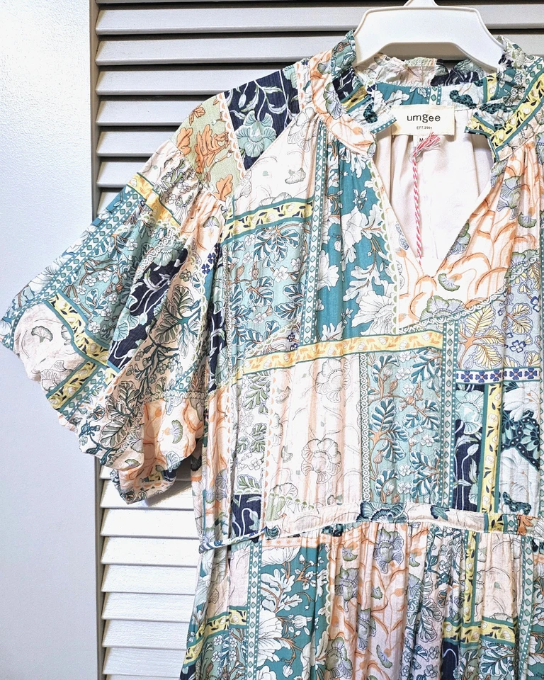 Vestido longo verde estampa multicolorida bolha slev prega GG e joias anthropologie - Imagem 2 de 4