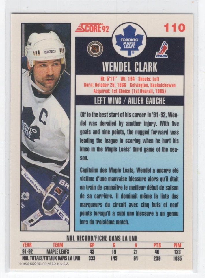 -1992-93 Score Wendel Clark Toronto Maple Leafs #110 - Image 2 of 2