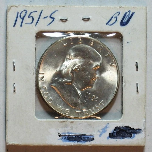 1951-S UNITED STATES MINT BU FRANKLIN SILVER HALF DOLLAR IN 2x2 HOLDER
