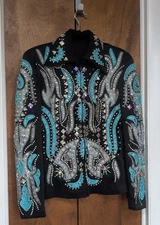Western Show Jacket Turquoise Silver Rhinestone, Fitted Zip-up  M/L