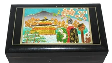 Vintage Music Box Black Lacquer Japan Art Of Chokin Trinket Jewely box 'Sakura'