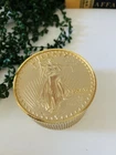 Vtg Bulova Gold Eagle Lady Liberty Coin Stack Alarm Travel Desk Quartz Clock GVC