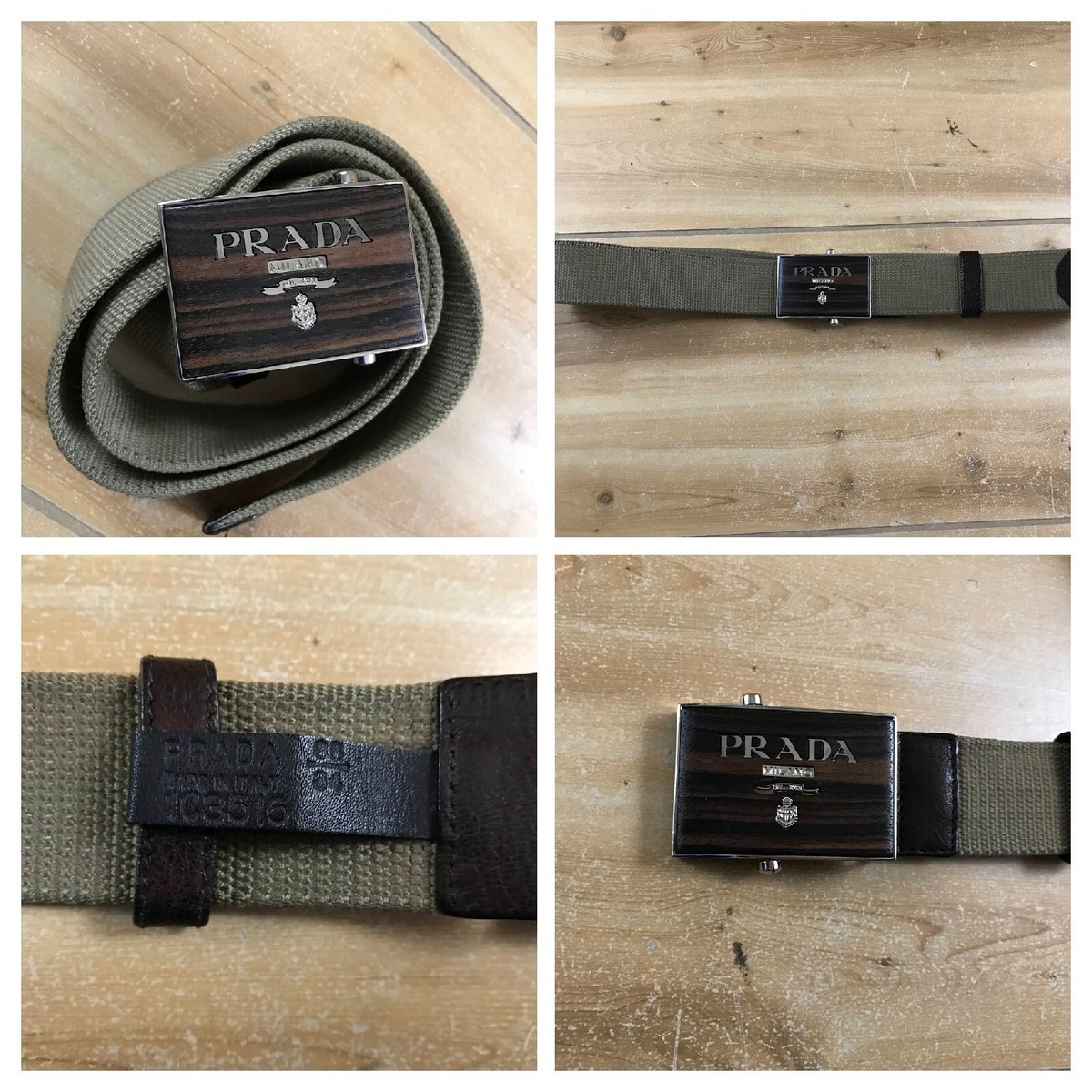 ベルト PRADA Silver l Buckle Prada Wood Silver Belt buckle Tan Webbed Leather Trim