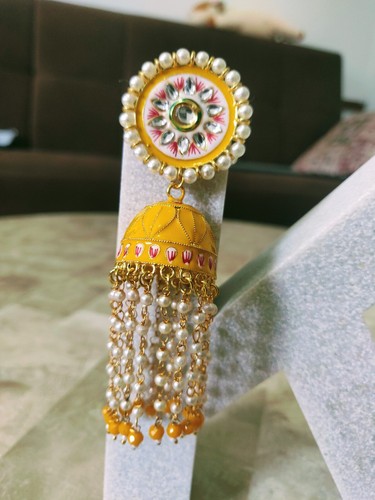 ¡Oferta! Indio étnico Haldi Jhumka/amarillo mostaza imitación perla boda Jhumka - Imagen 5 de 24