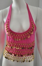 Dance Halter Top Womans S/M Pink w/ Gold Coins