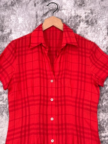 Burberry Dress Small Womens Classic Plaid Red Linen Button Down Shirtdress - Picture 2 of 8