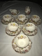 14pc NASCO ROSE ARBOR Yellow Pink ALL-OVER Flowers CUPS & SAUCER SET Cream&Sugar