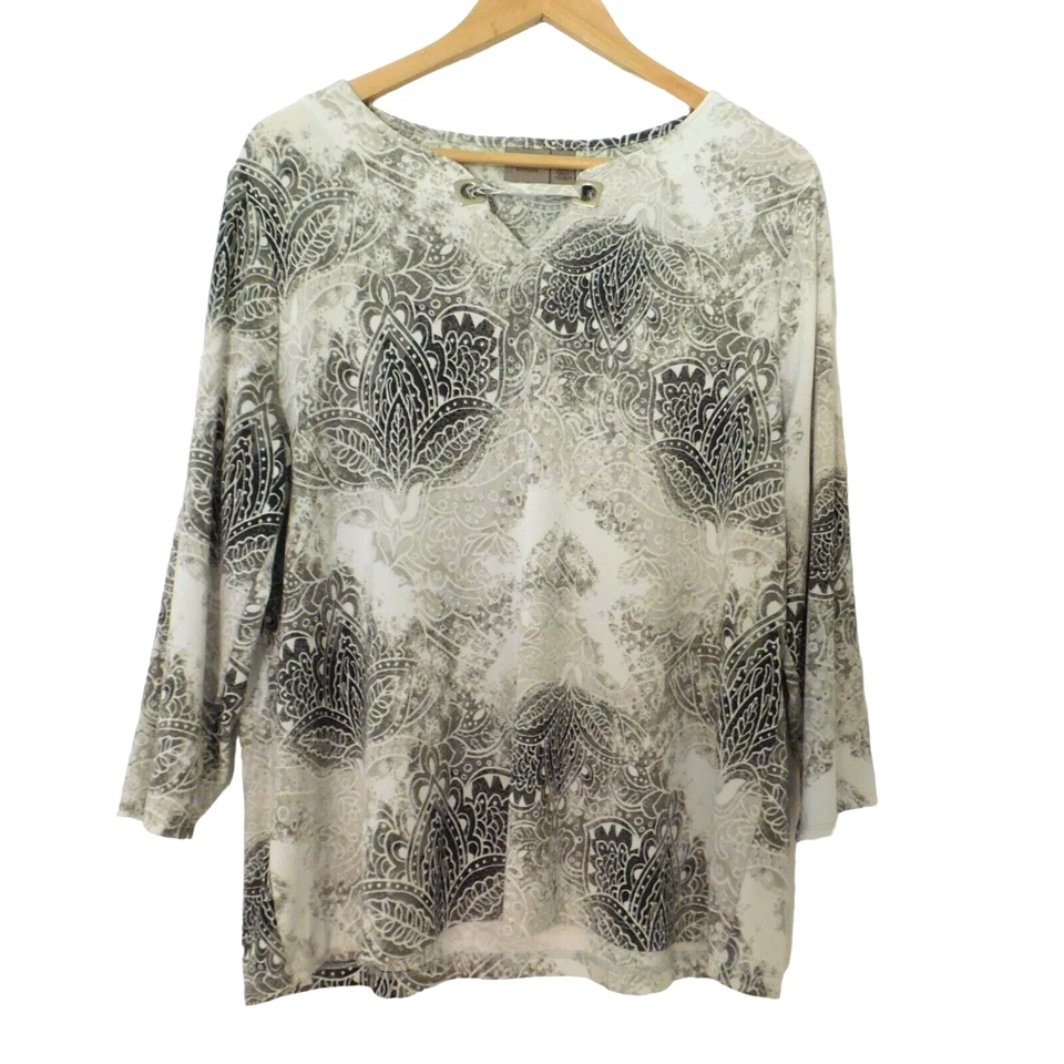 NUEVO Top túnica Chicos para mujer manga 3/4 cuello en V talla 3 XL gris beige floral Foto 4 de 4