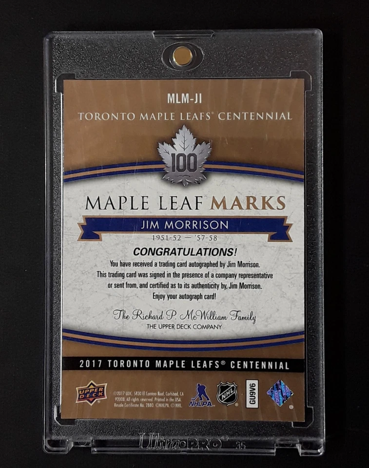 2017 UD TORONTO MAPLE LEAFS CENTENNIAL JIM MORRISON #MLM-JI - AUTOGRAPH  CARD - Image 2 of 2